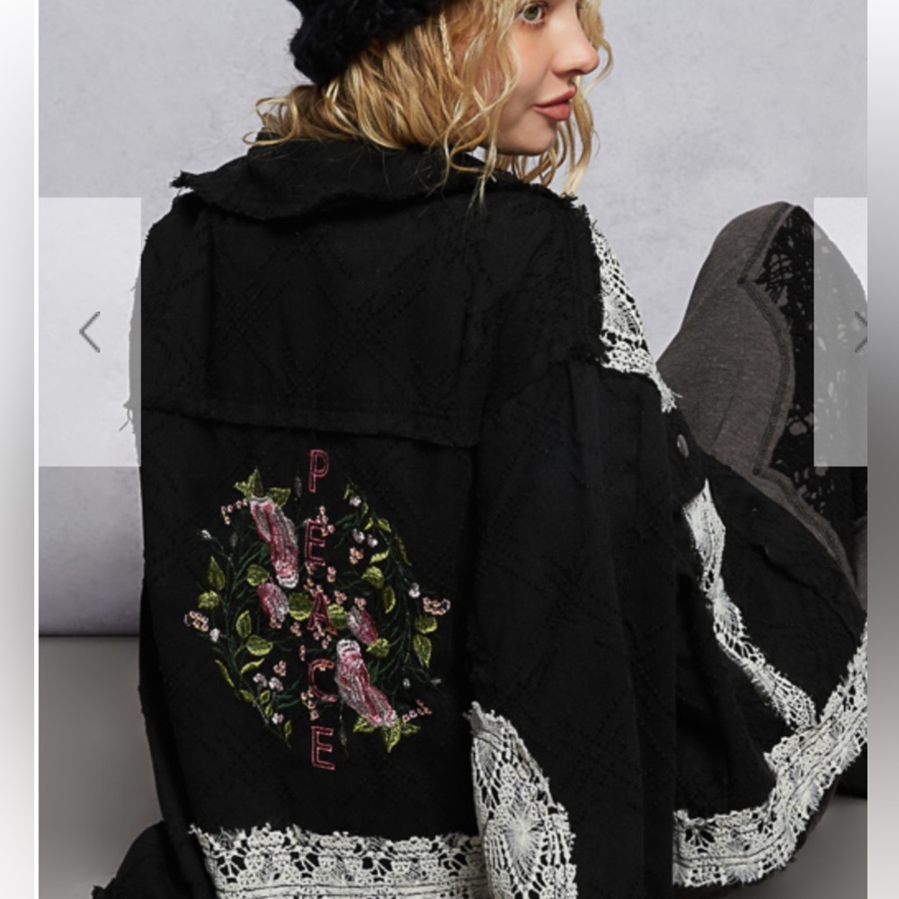 POL embroidery Black Lace-Trimmed Women's Jacket